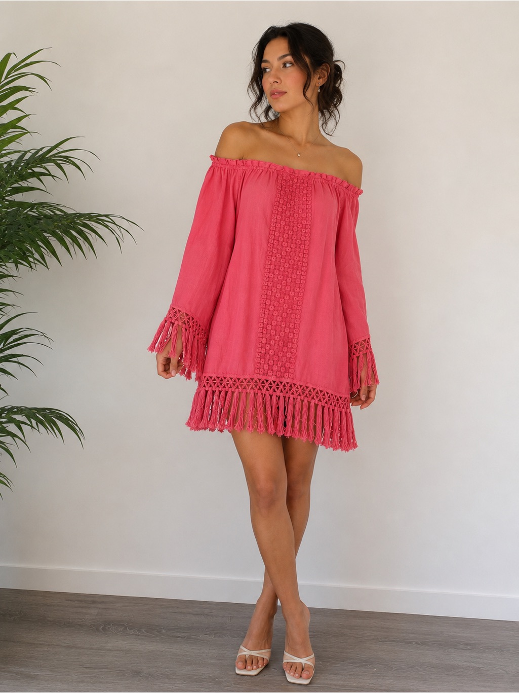 Temptation Positno Pink Off Shoulder Intricate Battenburg Lace Trim Linen Dress